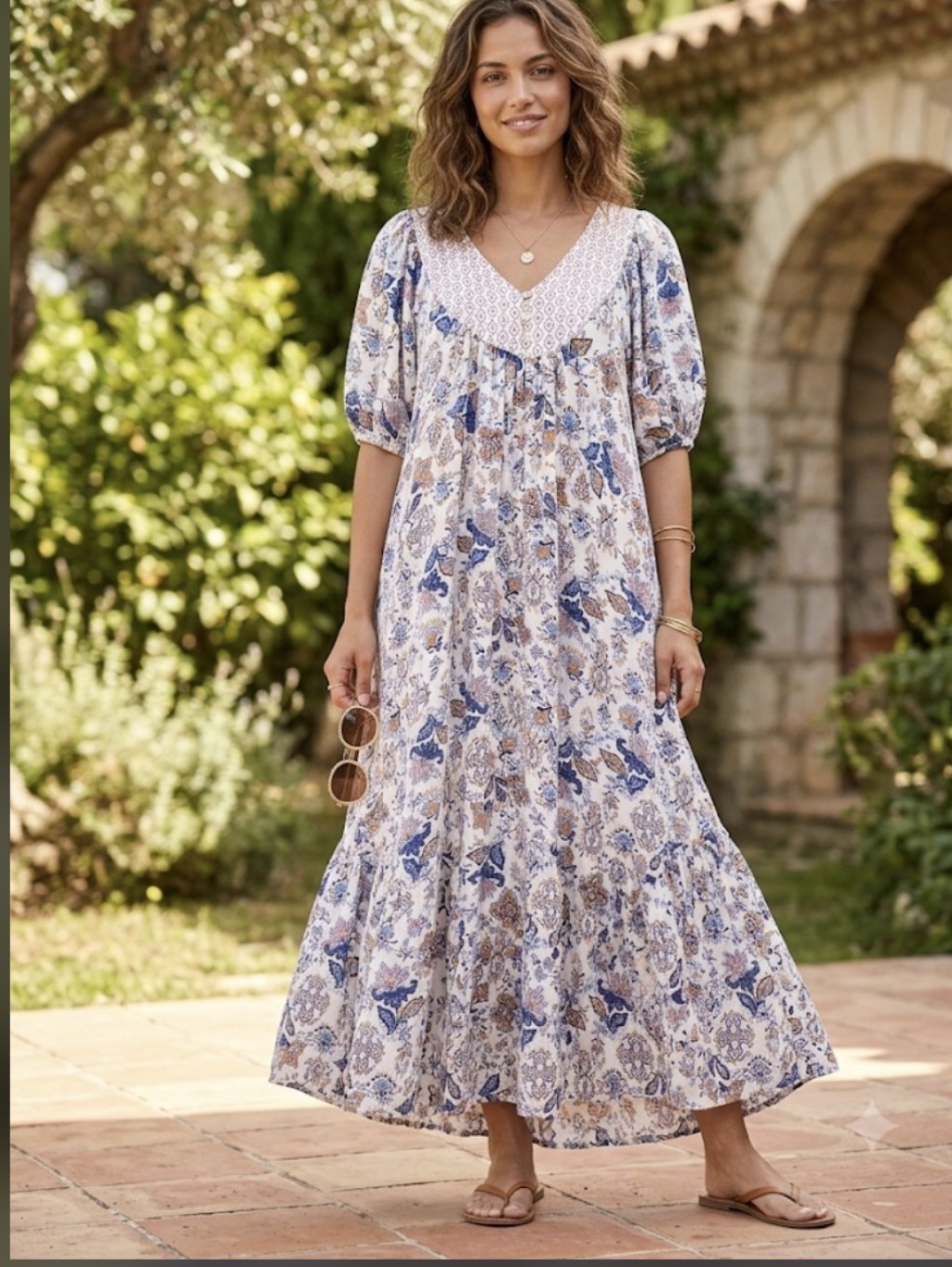 Lucky Brand Cream Maxi Dress With Blue And Brown Floral Print (Sku 0052)